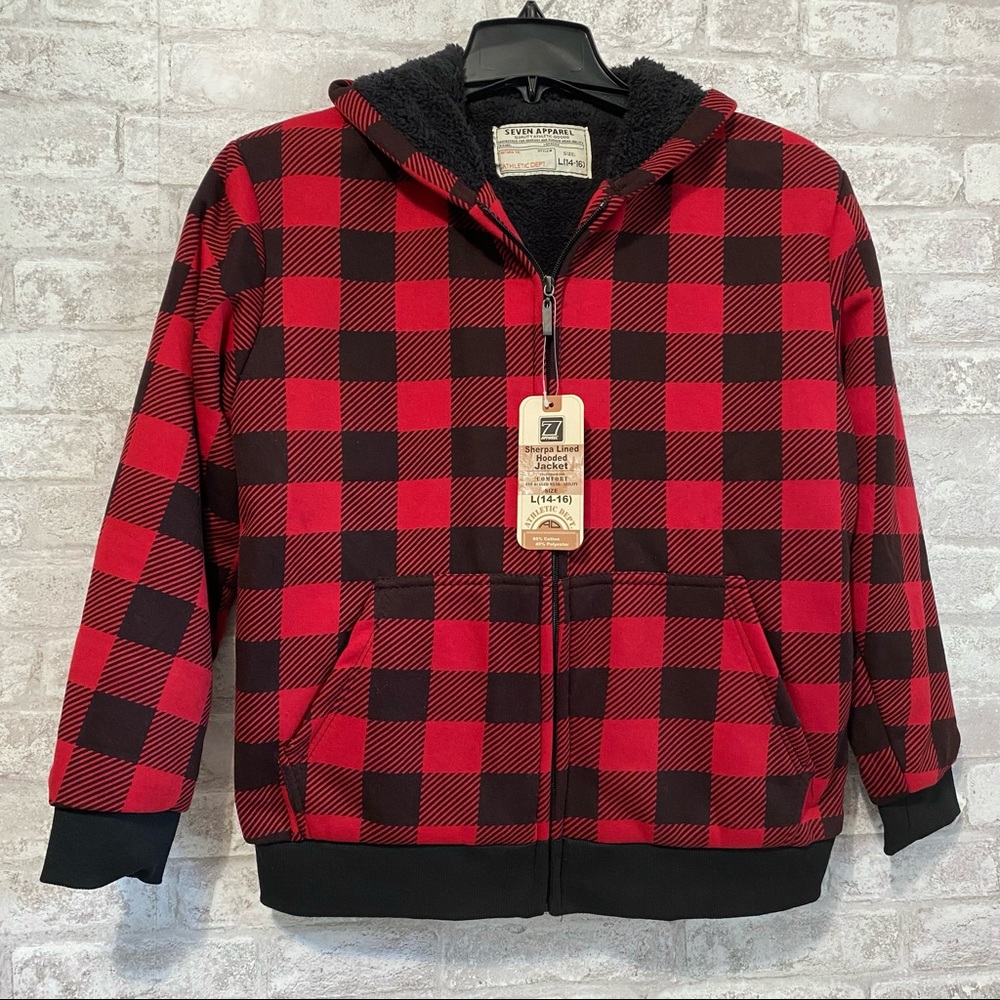 NEW  Seven Apparel   Red and Black Check Jacket w/Hood  Sherpa Lined   L (14/16) - Picture 2 of 10